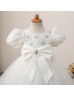 Puff Sleeves Beaded Ivory Lace Tulle Flower Girl Dress